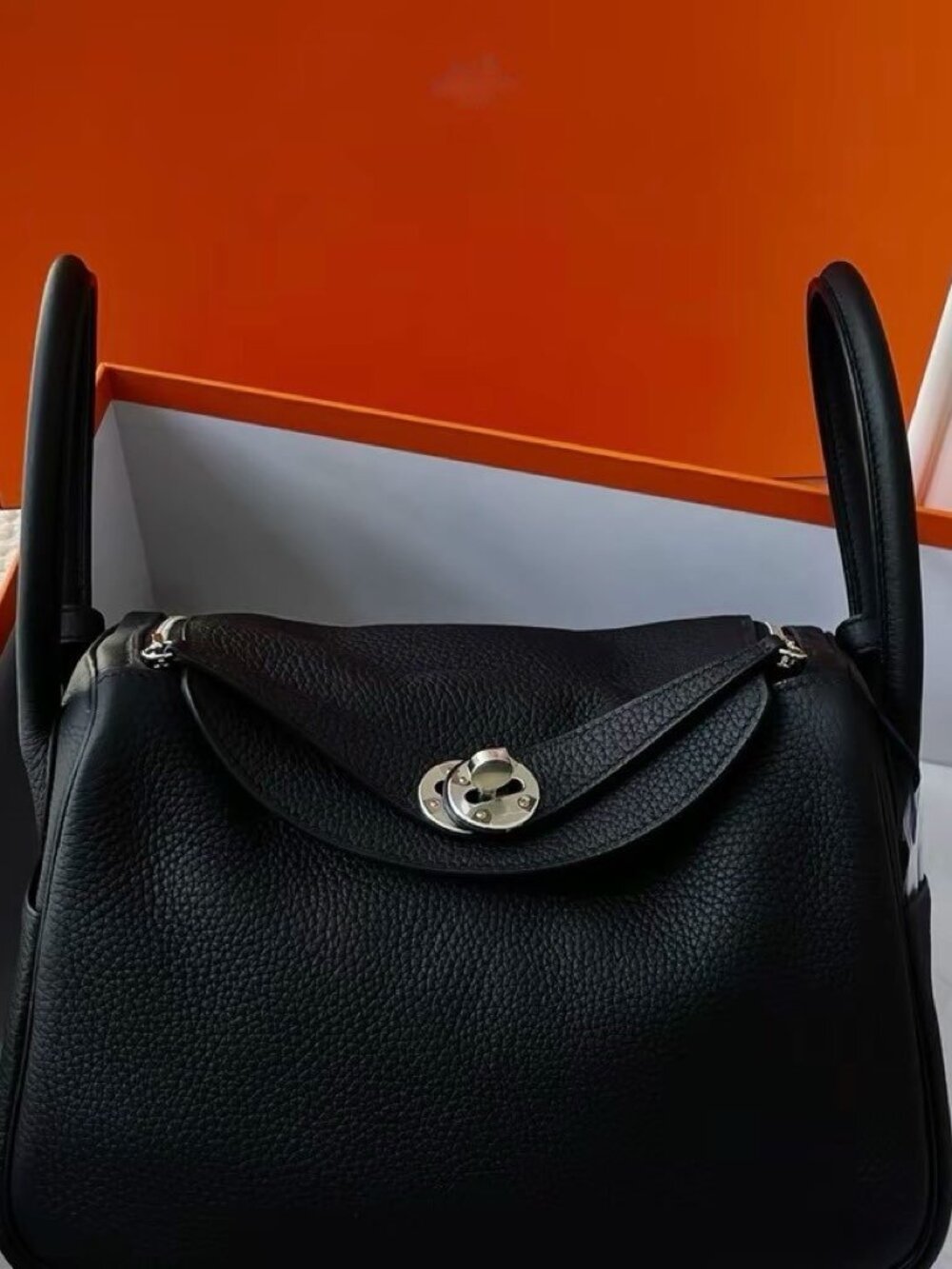 Hermes Black Leather Shoulder Bag with Silver Hardware